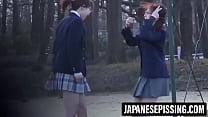 Cute developing Japanese girl pees hard on the bathroom floor after drinking and then cleans everything