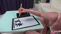 Japanese woman Renka Shimizu sucks cock while writing on paper,uncensored.
